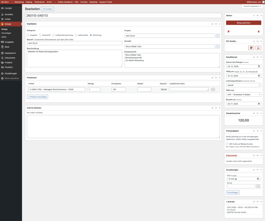 Belege und Rechnungen erstellen in Mis Büro Schweiz