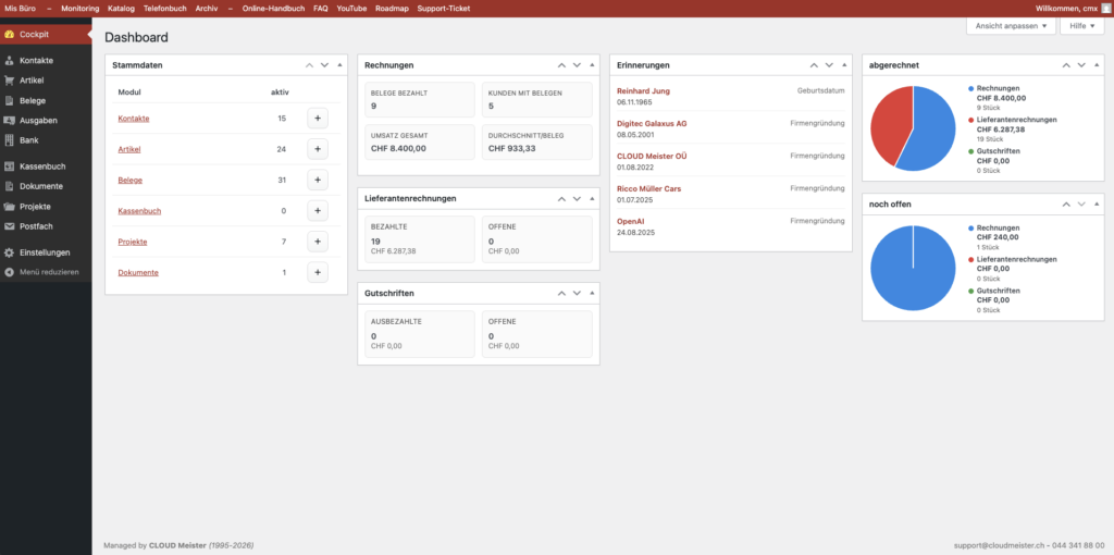 Dashboard der Bürosoftware Mis Büro mit Rechnungen, Belegen, Auswertungen und Diagrammen