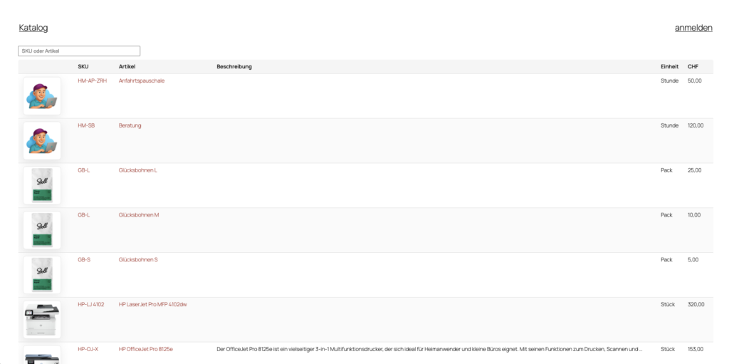 Artikel und Dienstleistungs Katalog in Mis Büro Online Bürosoftware Schweiz